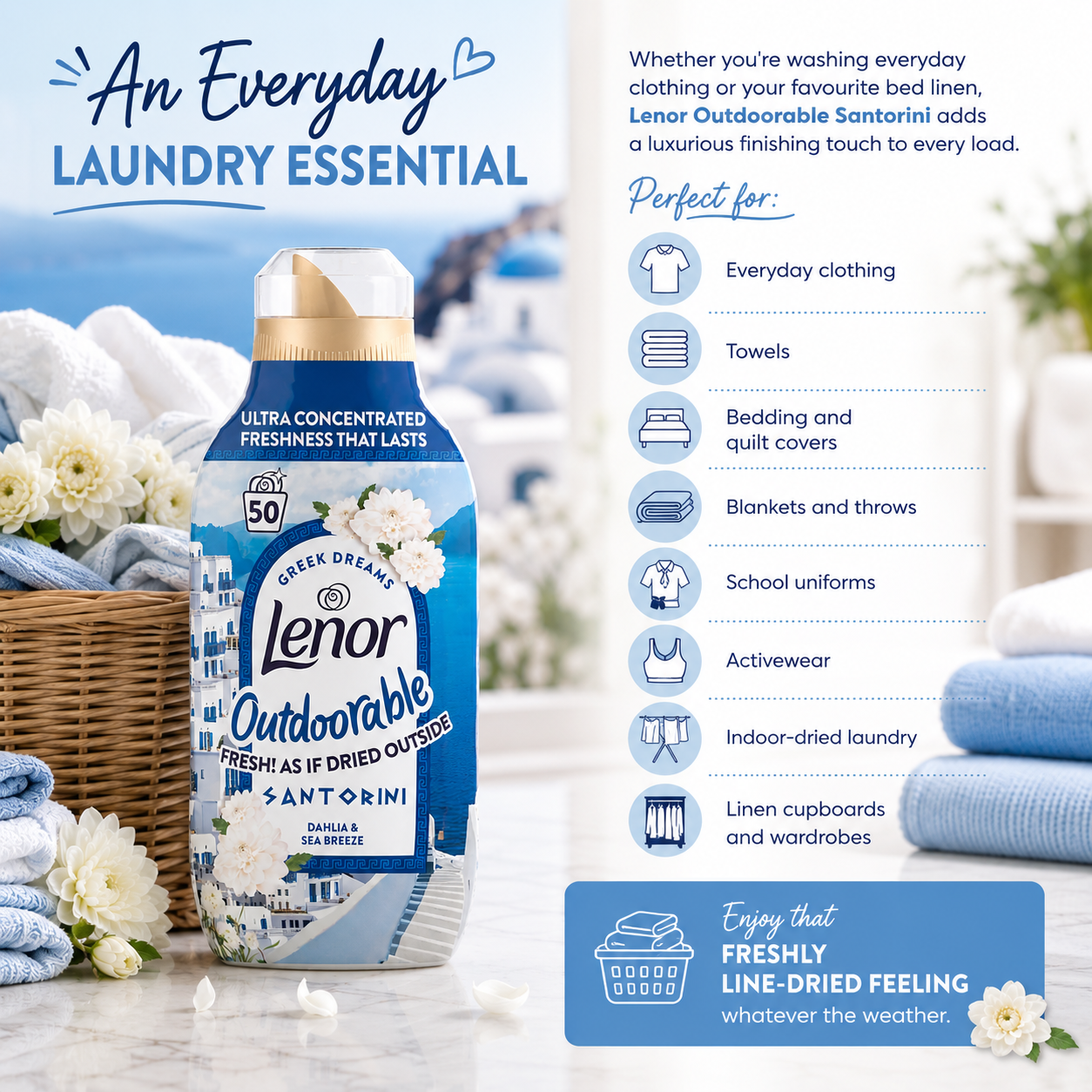 Lenor Outdoorable Santorini laundry detergent bottle displayed on a marble surface with folded blue and white towels, flowers, and a basket on the left, alongside marketing text and feature icons on the right.