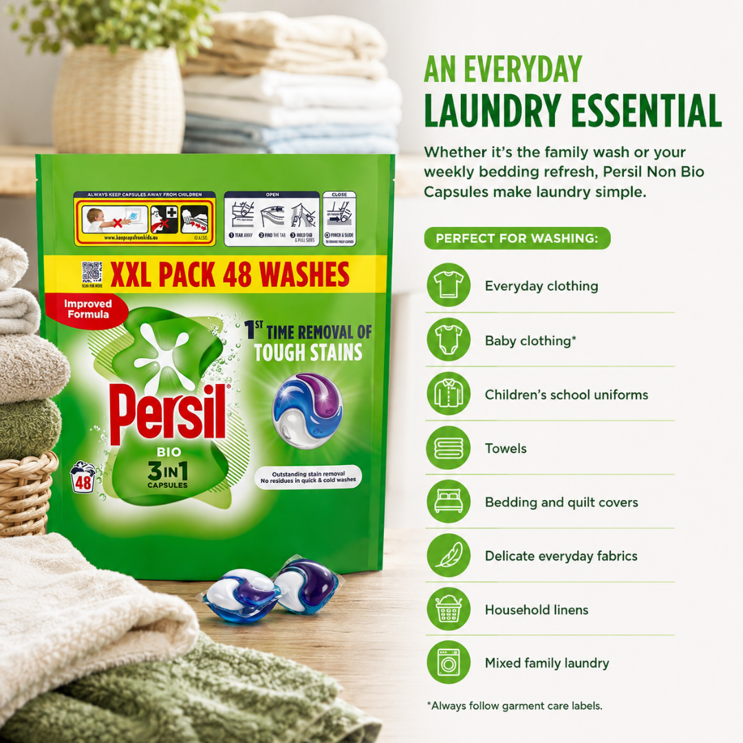 Persil Non Bio XXL Pack 48 Washes laundry detergent box shown in a styled home laundry scene with folded towels and detergent pods on a wooden surface, alongside marketing text listing use cases.
