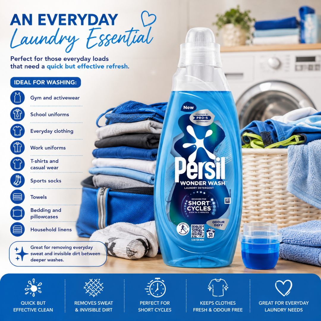 Persil Wonder Wash blue laundry bottle on a wooden surface with folded blue and white clothes, a basket of towels, and a washing machine in the background. Text on the left lists ideal laundry items and benefits.