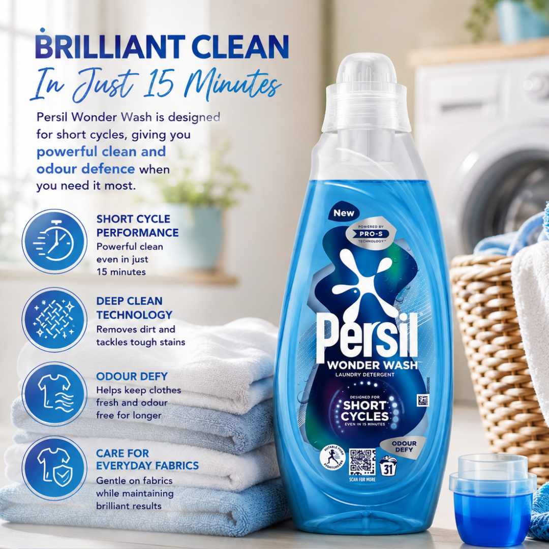 Persil Wonder Wash blue laundry detergent bottle on a countertop with folded towels, a small cup of blue liquid, and a blurred laundry room background. Text on the left highlights quick clean performance and benefits.