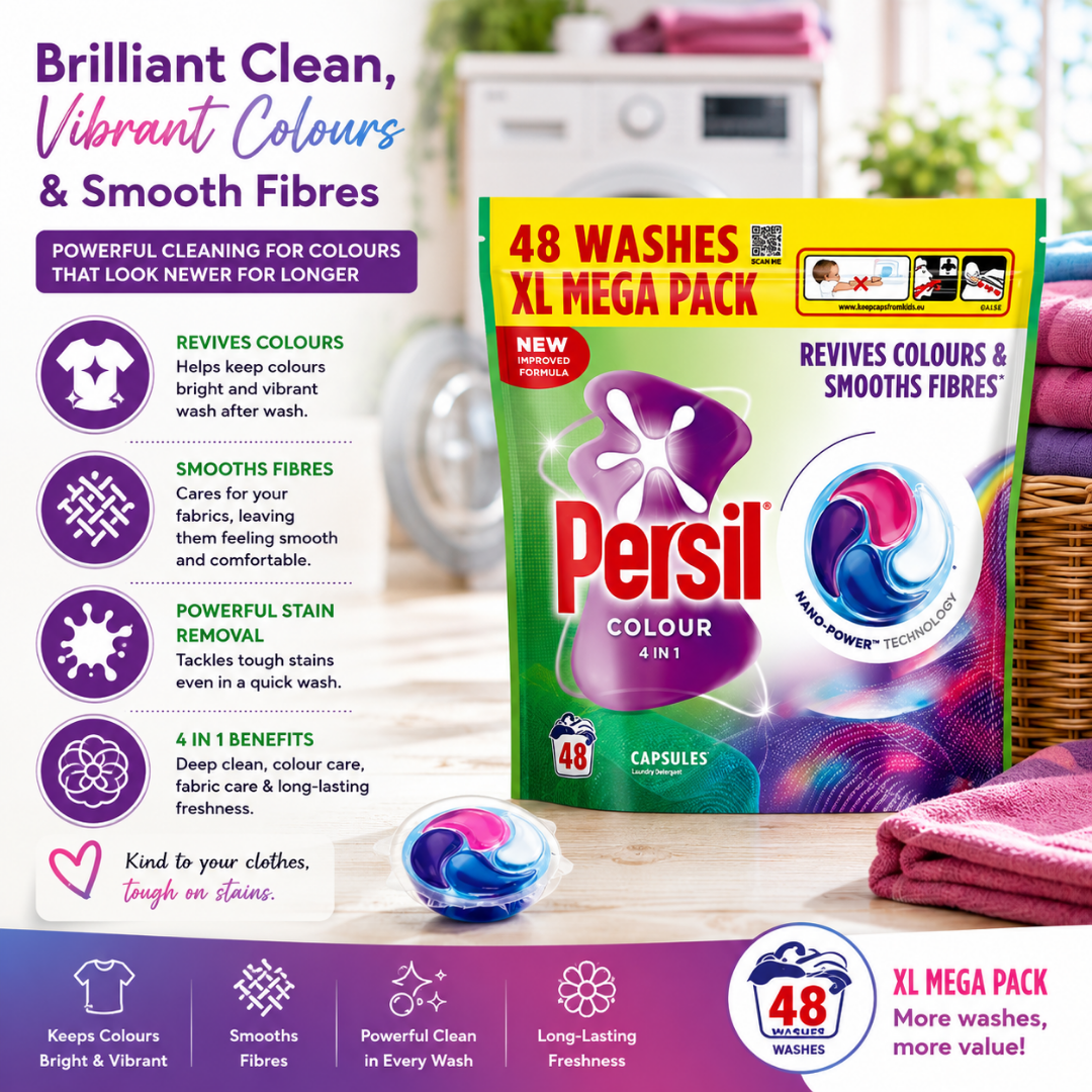Persil Colour XL Mega Pack laundry detergent box shown on a bright kitchen counter with a basket of folded pink towels, a floating gel capsule, and promotional text highlighting clean, vibrant colours and smooth fibres.