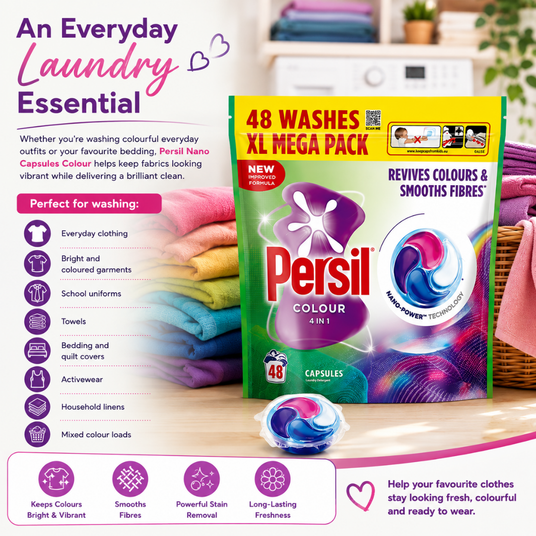 Persil Colour XL Mega Pack laundry cleaner package shown prominently in the center, with a single capsule in front and a softly blurred laundry scene in the background. Text on the left explains benefits, and a pink footer strip summarizes features.