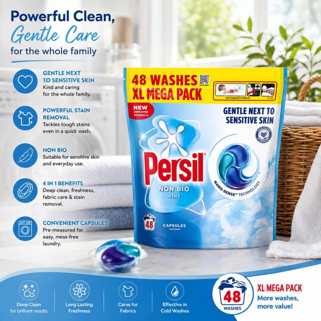 Persil XL MEGA PACK 48 washes in a blue and white bag with a yellow top banner, shown on a bright white background with laundry and care icons and text describing benefits.