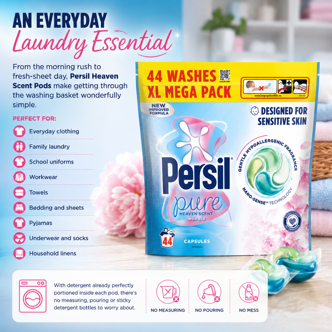 Persil Pure XL Mega Pack laundry detergent pods in a resealable blue and white bag, shown with colorful detergent pods and a soft pink floral background. The packaging highlights 44 washes and includes marketing text and icons on a clean, bright background.