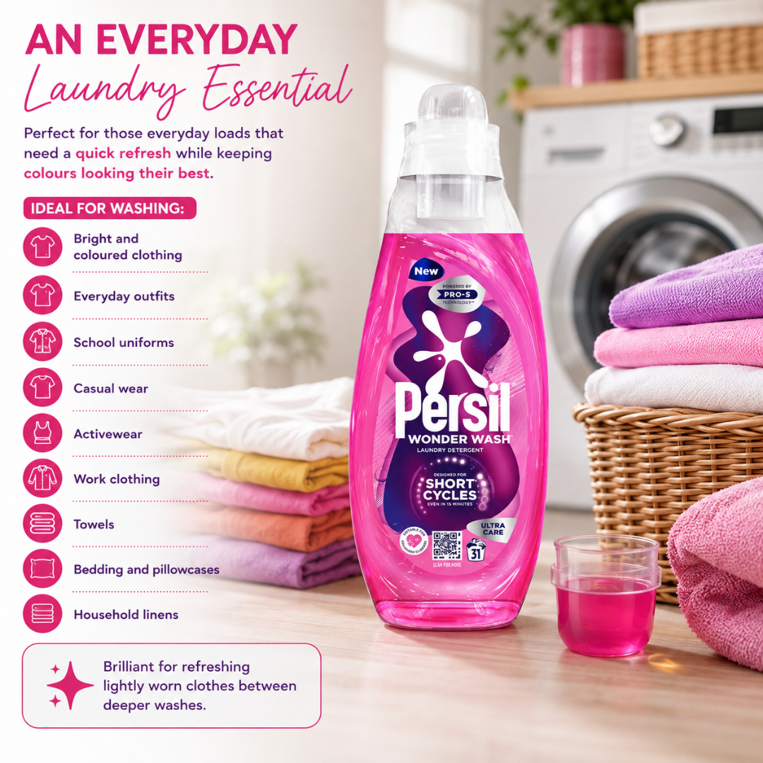 A bottle of Persil Wonder Wash Short Cycles laundry detergent in bright pink, displayed on a wooden surface next to a small glass of pink liquid, with folded towels, a washing machine, and a basket in the background. A text panel on the left lists ideal washes and benefits.