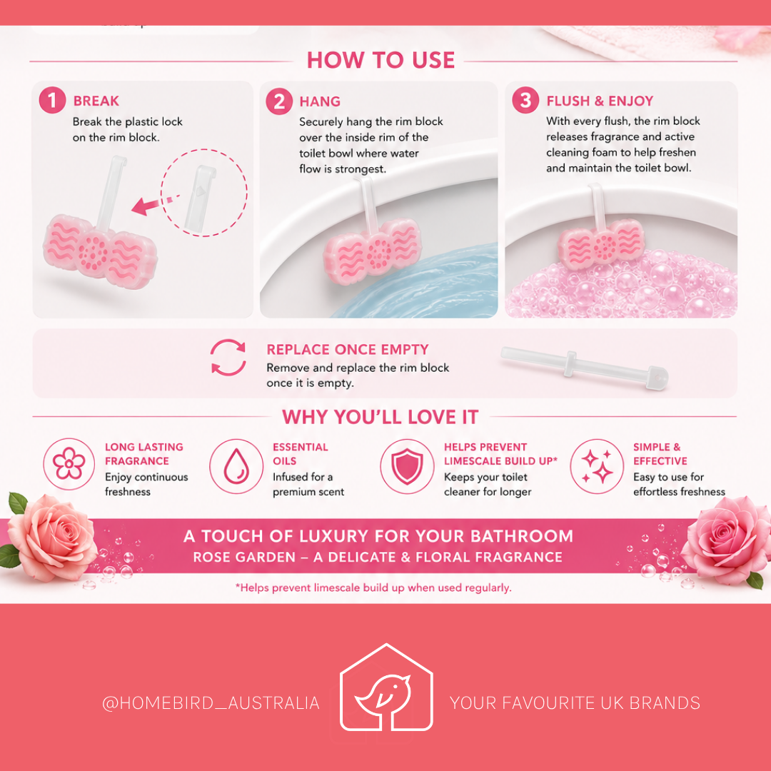 An infographic titled 'HOW TO USE' for a rose-gold bathroom rim block by Home Bird Australia. It features three numbered steps (Break, Hang, Flush & Enjoy) with photos of the pink and rose-gold plastic rim block being installed on a toilet bowl.