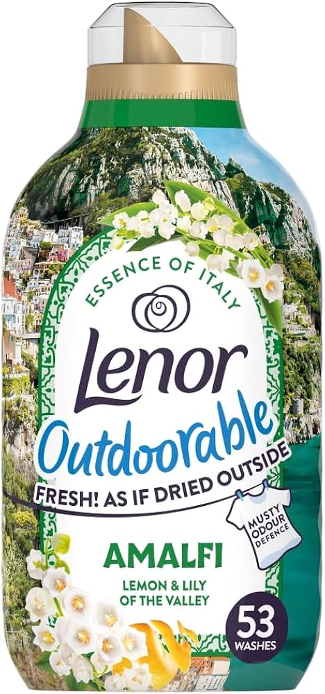 A bottle of Lenor Outdoorable Amalfi lemon and lily of the valley fresh air freshener, featuring a scenic Italian coastal illustration on the label.