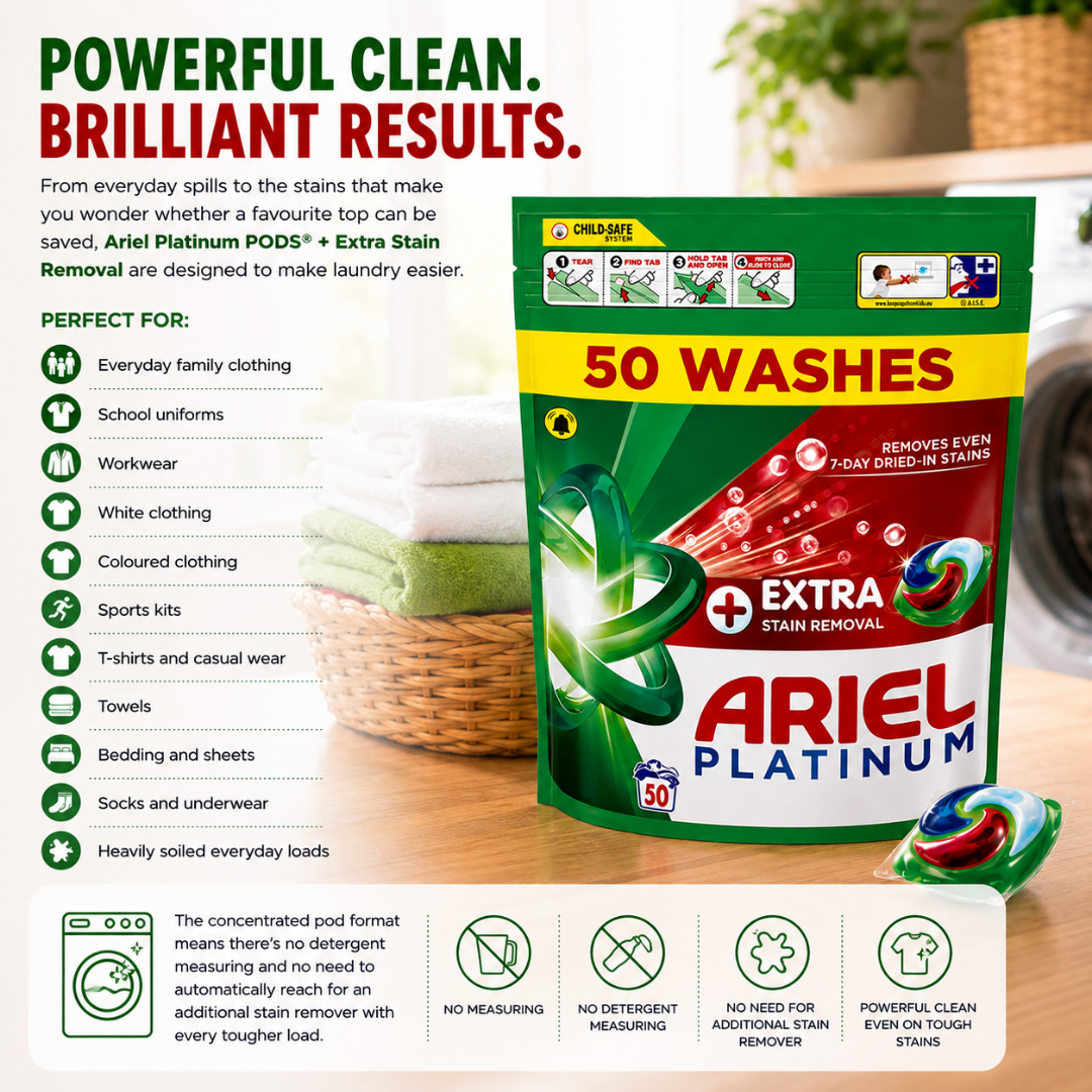 Ariel Pods Platinum Wash Stain Remover - 50w - Pre order now for Mid August Shipping
