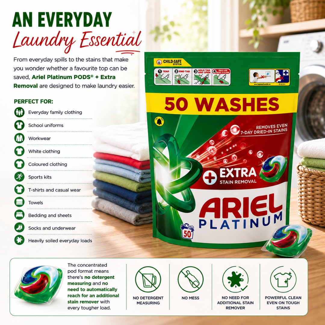 Ariel Pods Platinum Wash Stain Remover - 50w - Pre order now for Mid August Shipping