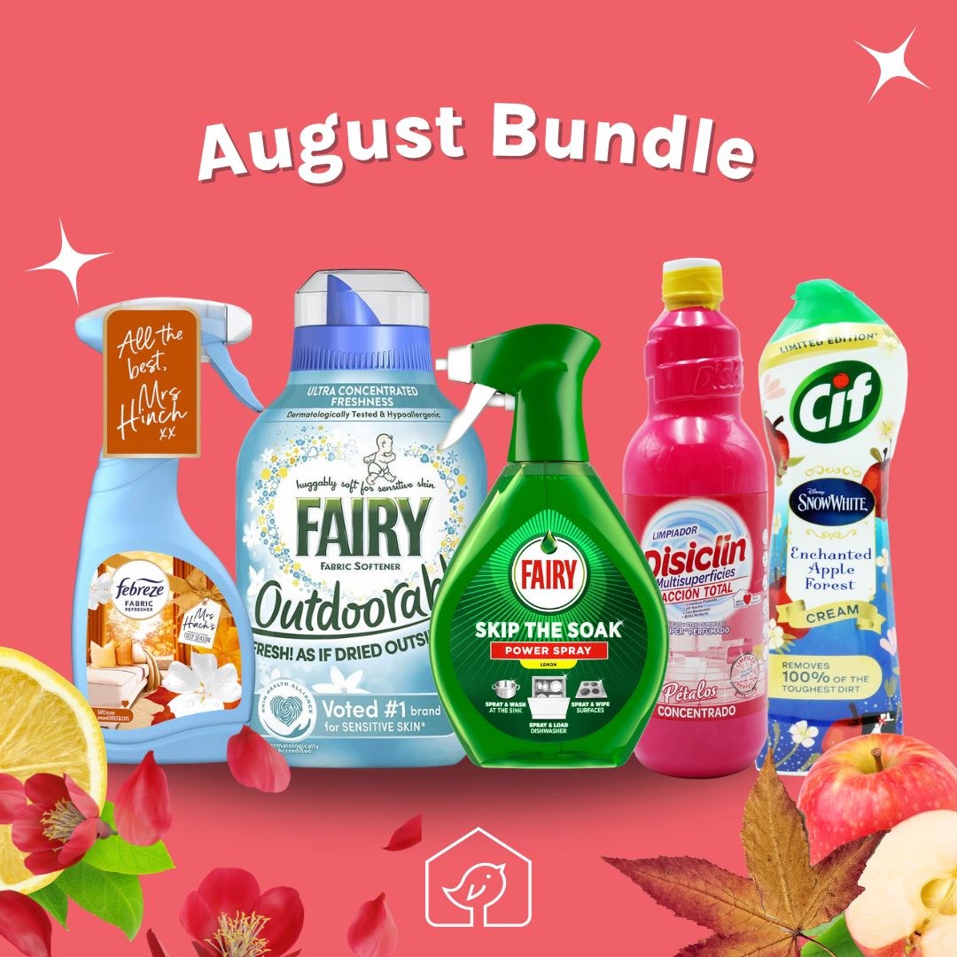 August Bundle featuring various cleaning and household products on a pink background with decorative elements.
