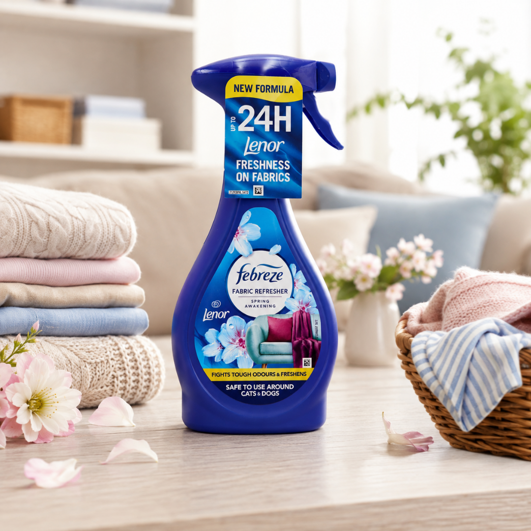A bottle of Febreze Lenor freshener spray stands on a light wood table in a styled home setting with folded laundry, flowers, and a basket of towels.