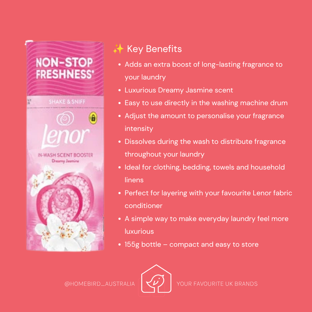 A promotional graphic on a coral pink background showing a Lenor Non-Stop Freshness Dreamy Jasmine in-wash scent booster bottle on the left and a bulleted list of key benefits on the right.