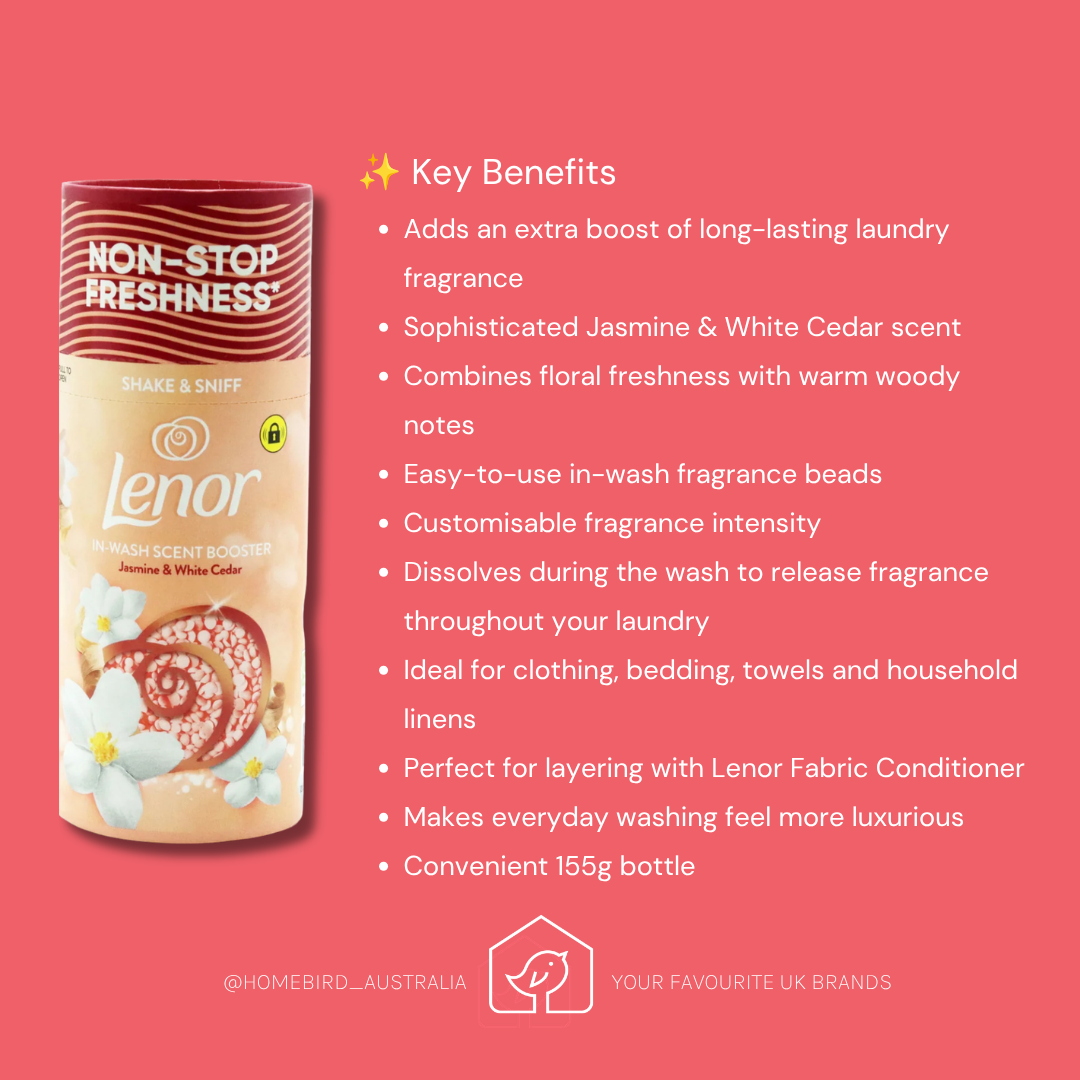 A promotional graphic for Lenor Non-Stop Freshness In-Wash Scent Pod in the Jasmine & White Cedar scent. The left side shows the beige and red canister with white floral graphics, while the right side features a coral-pink background with a list of key benefits in white text.