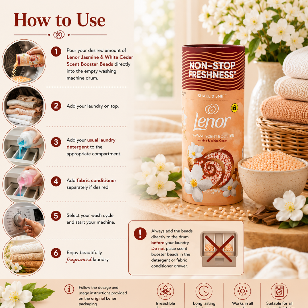 A product instruction graphic for Lenor Scent Booster Beads, showing a bottle of 'Non-Stop Freshness' scent beads alongside a step-by-step guide on how to use them in a washing machine. The background is a soft-focus lifestyle scene with white flowers and folded towels.