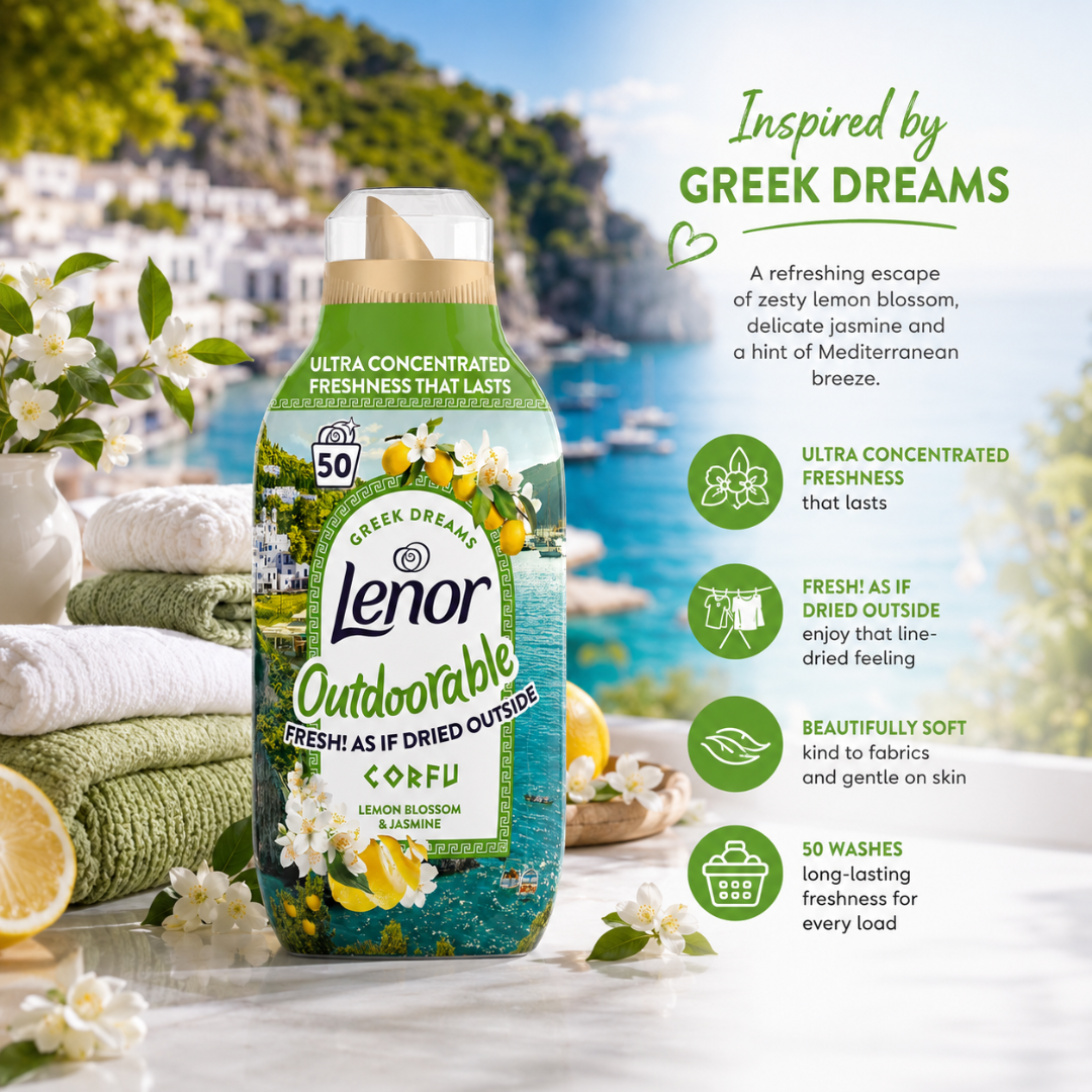 Lenor Outdoorable Corfu lemon blossom & jasmine laundry detergent bottle displayed in a bright, Mediterranean-themed setting with a folded stack of green and white towels, lemon slices, and a poolside background. Text on the right describes the scent and benefits.