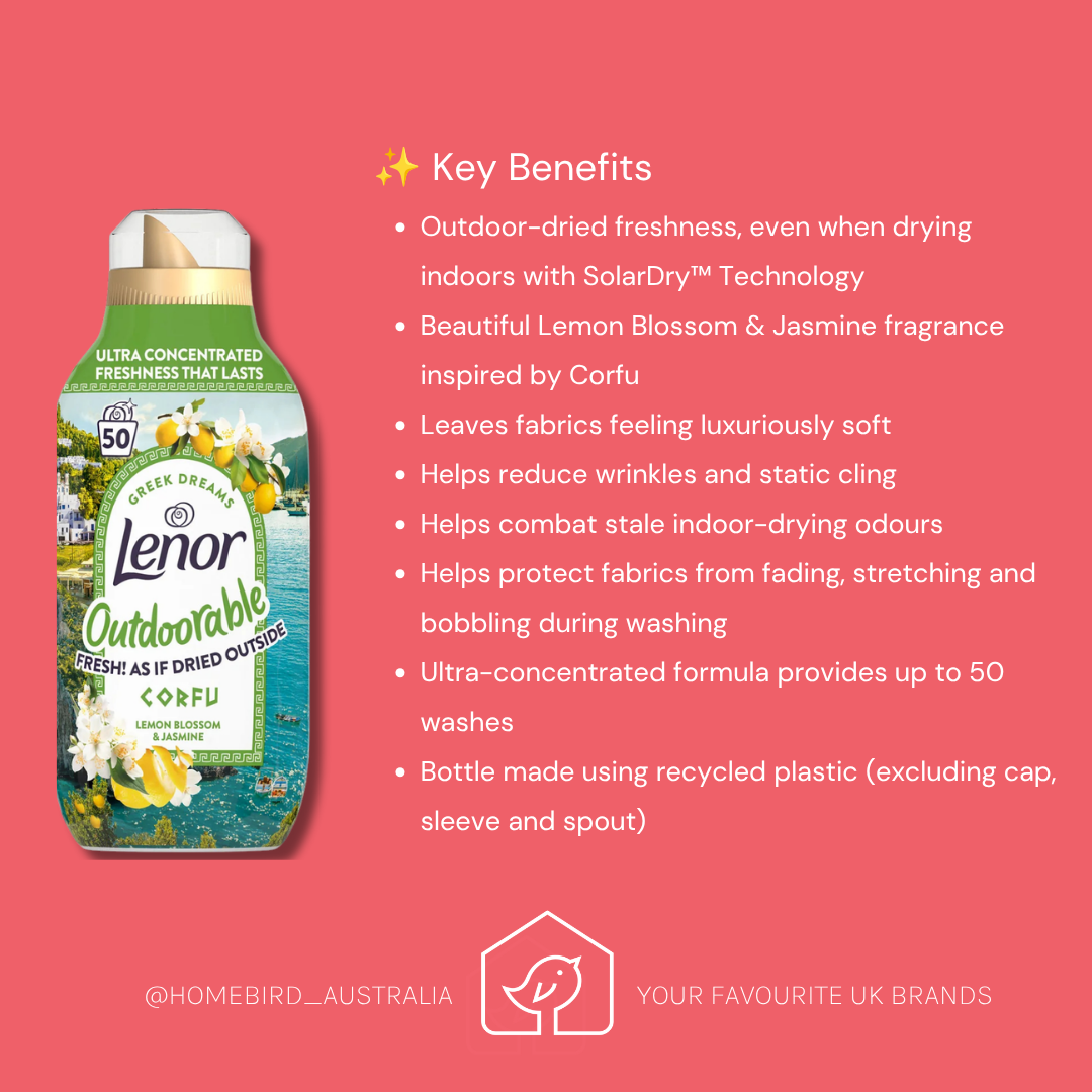 A promotional graphic for a bottle of Lenor Outdoorable Fresh Dream Lemon Blossom & Jasmine fragrance. The bottle is shown on the left against a coral pink background with white text listing key benefits on the right.