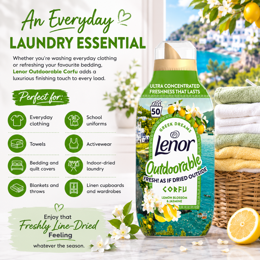 Lenor Outdoorable Corfu lemon blossom & basil laundry detergent bottle displayed on a marble surface next to folded towels and lemons, with promotional text on the left side.