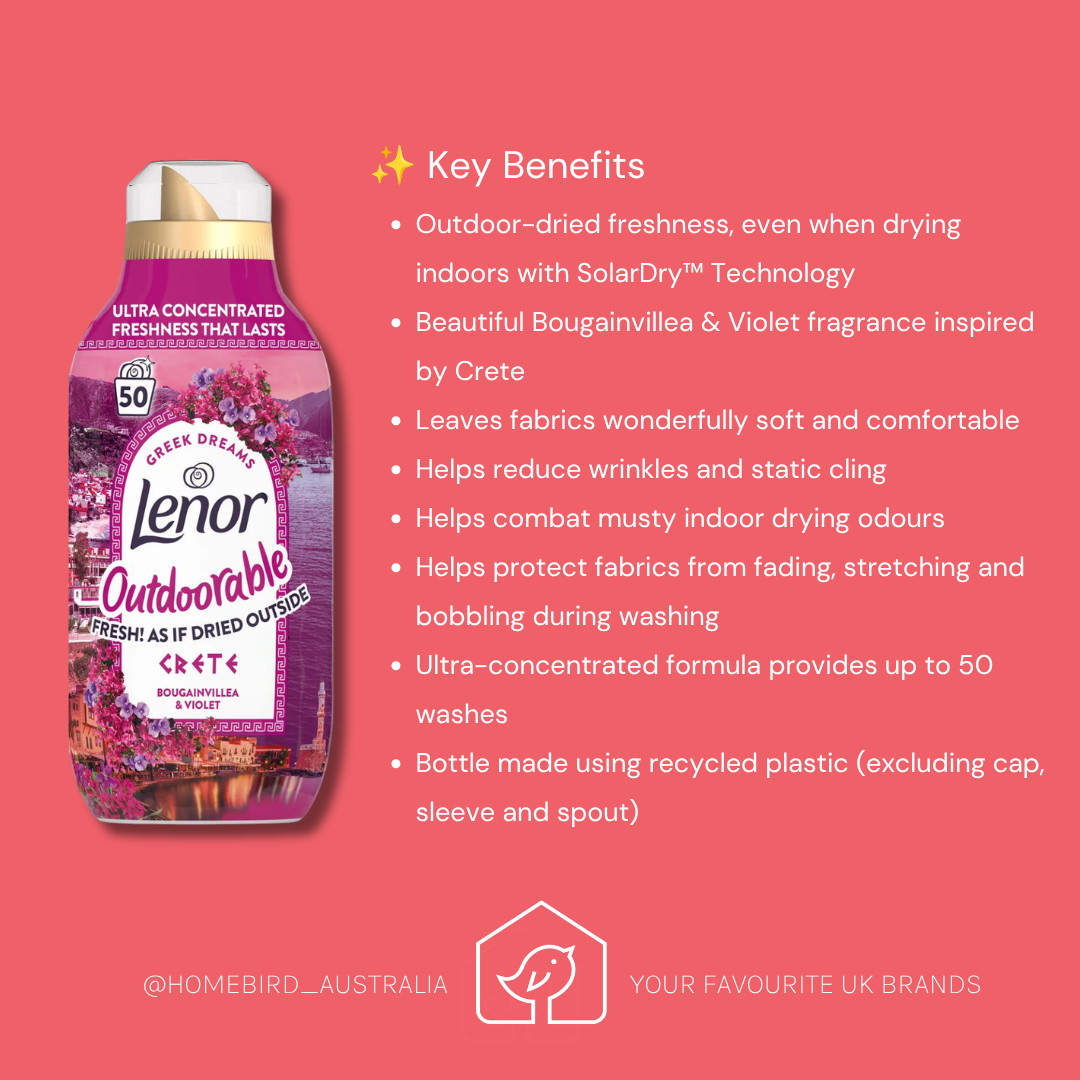 A promotional graphic for a bottle of Lenor Outdoorable Freshly Dried Outdoors fabric freshener. The bottle is shown on the left against a coral pink background, with a list of key benefits printed on the right side.