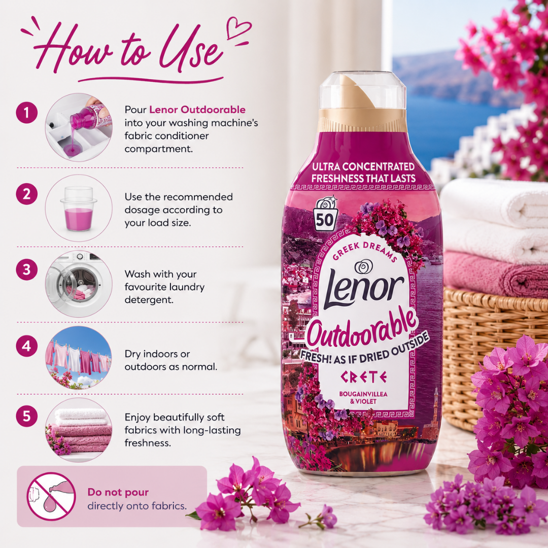 A bottle of Lenor Outdoorable Freshne as if Dried Outside fabric conditioner in Bougainvillea & Violet scent, shown next to a 'How to Use' guide on a light background with pink flowers and folded towels.