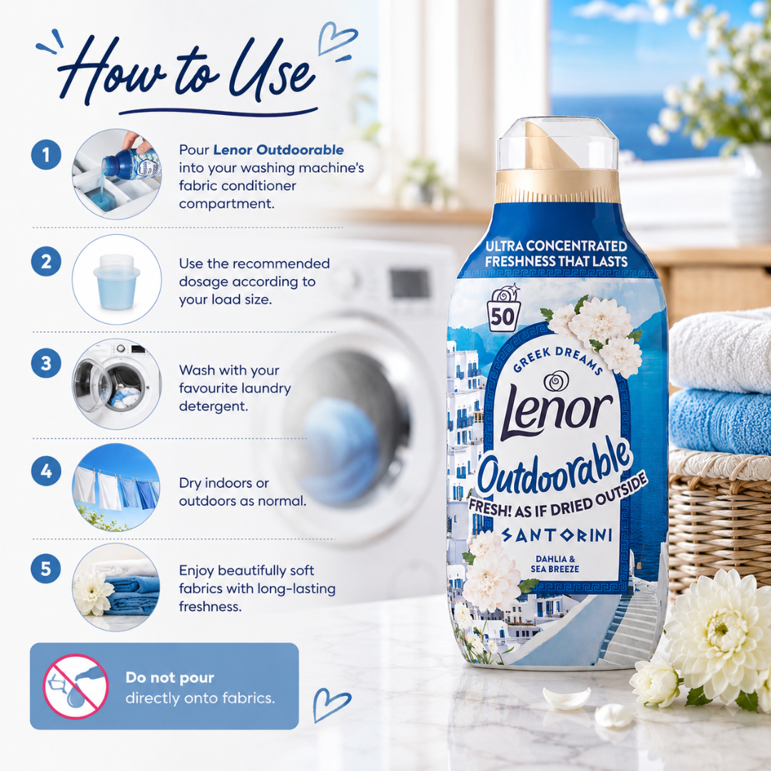 Lenor Outdoorable Fresh! As If Dried Outside Santorini laundry detergent bottle shown on a bright, clean laundry-themed background with a 'How to Use' guide on the left and folded blue towels in a basket on the right.