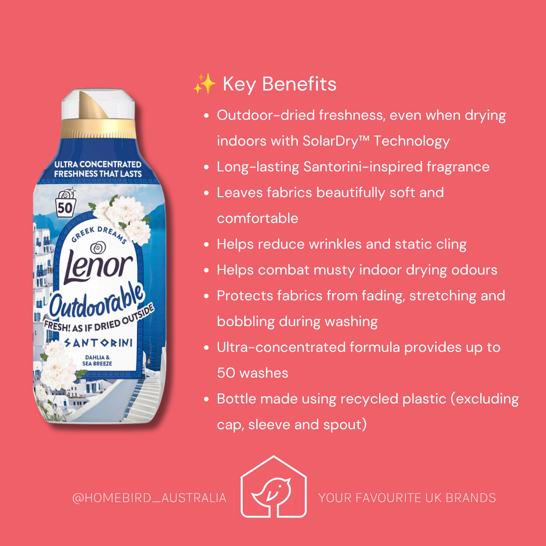 A promotional graphic for Lenor Outdoorfresh Santorini fabric dryer sheets on a coral pink background. The left side shows the product bottle with white flowers printed on the label, and the right side lists key benefits in white text.