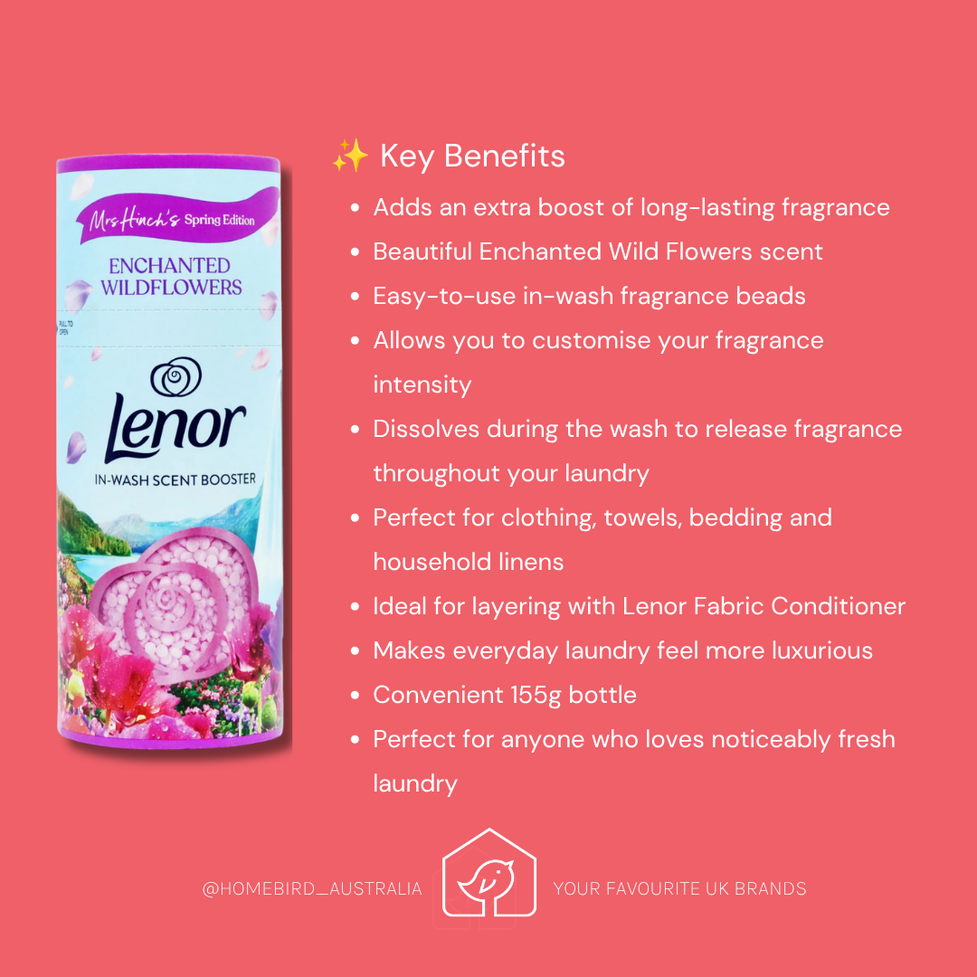 A promotional product graphic for a Lenor in-wash scent booster bottle. The bottle is shown on the left against a coral pink background, with text on the right listing key benefits such as enhanced wild flowers scent and use with laundry conditioner.