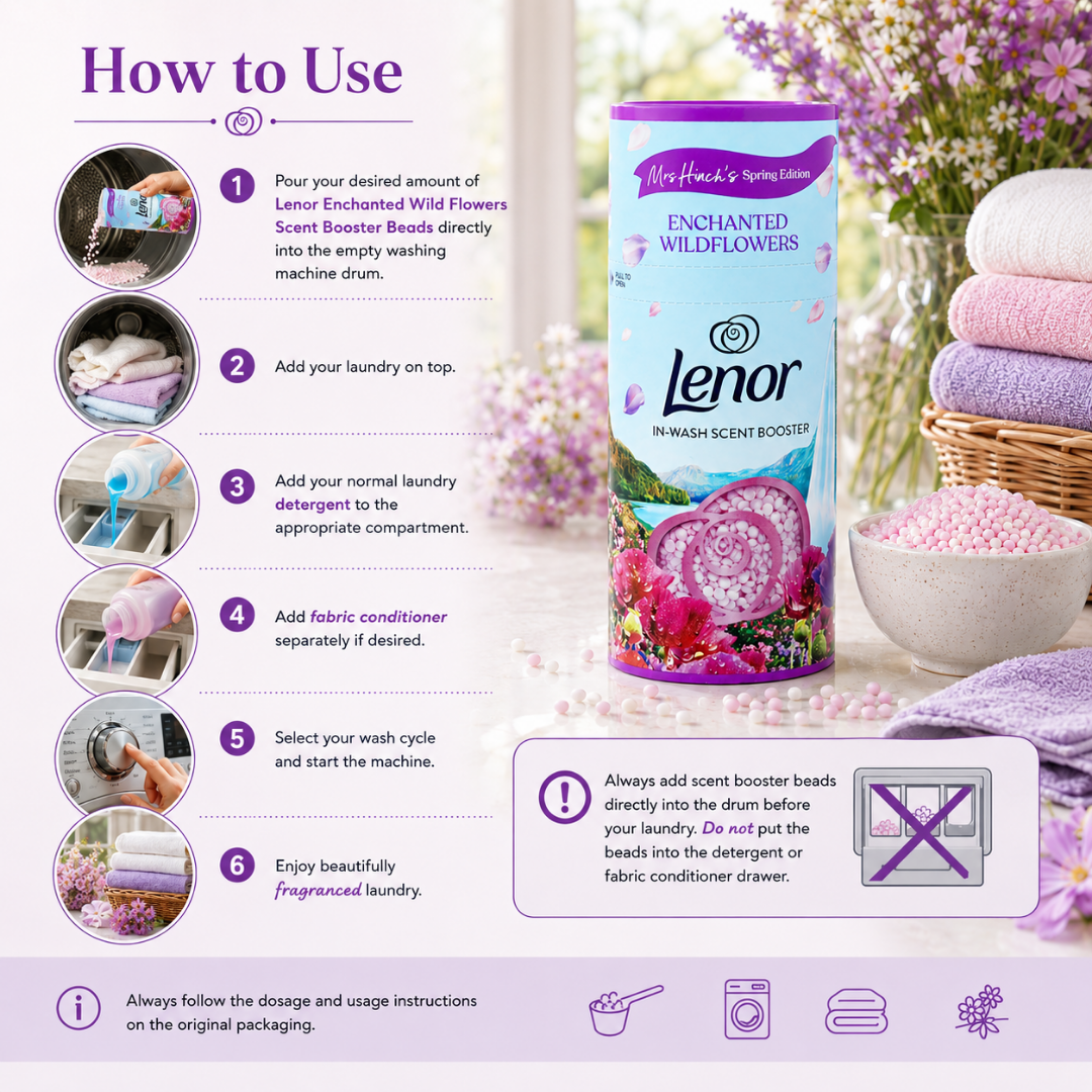Lenor Enchanted Wildflowers 1-in-1 wash scent booster bottle shown on a promotional infographic with step-by-step usage instructions, flowers, and folded towels in the background.