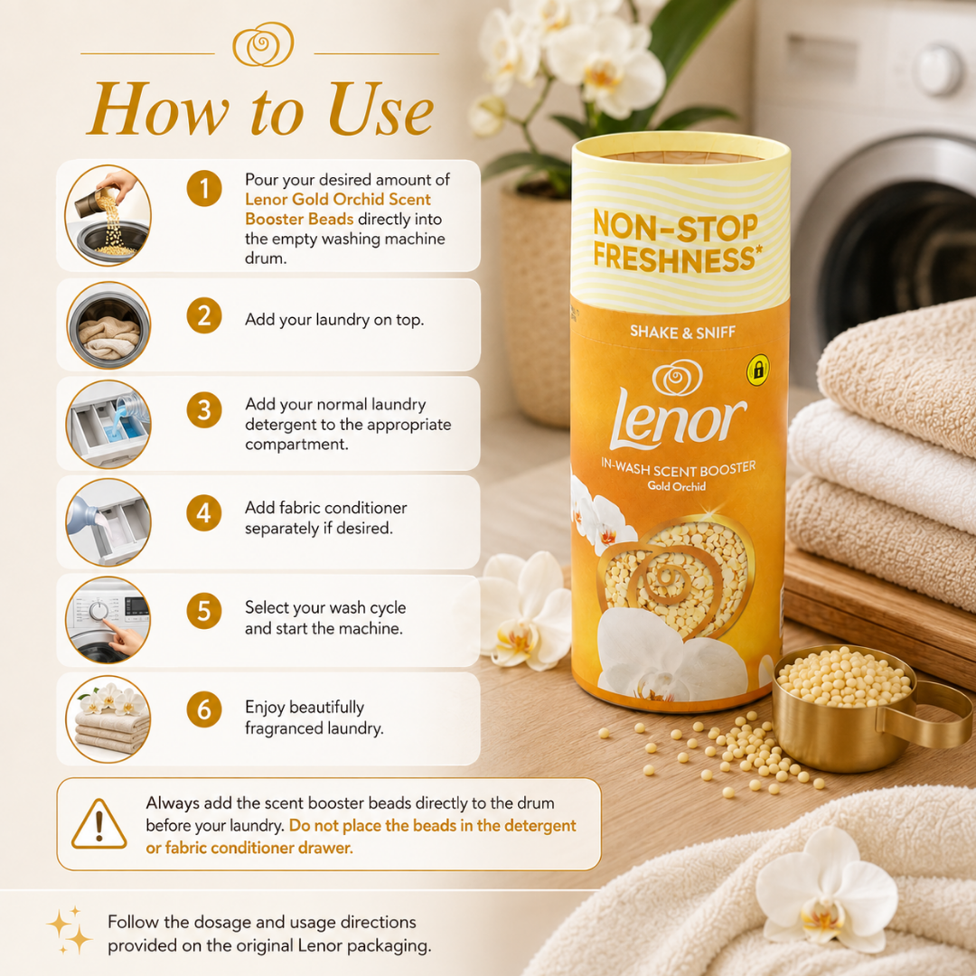 A product usage guide for Lenor Gold Orchid Scent Non-Stop Freshness Scent Booster Beads, showing a step-by-step 'How to Use' diagram alongside a yellow and orange canister of the product, set against a warm, softly blurred laundry background.