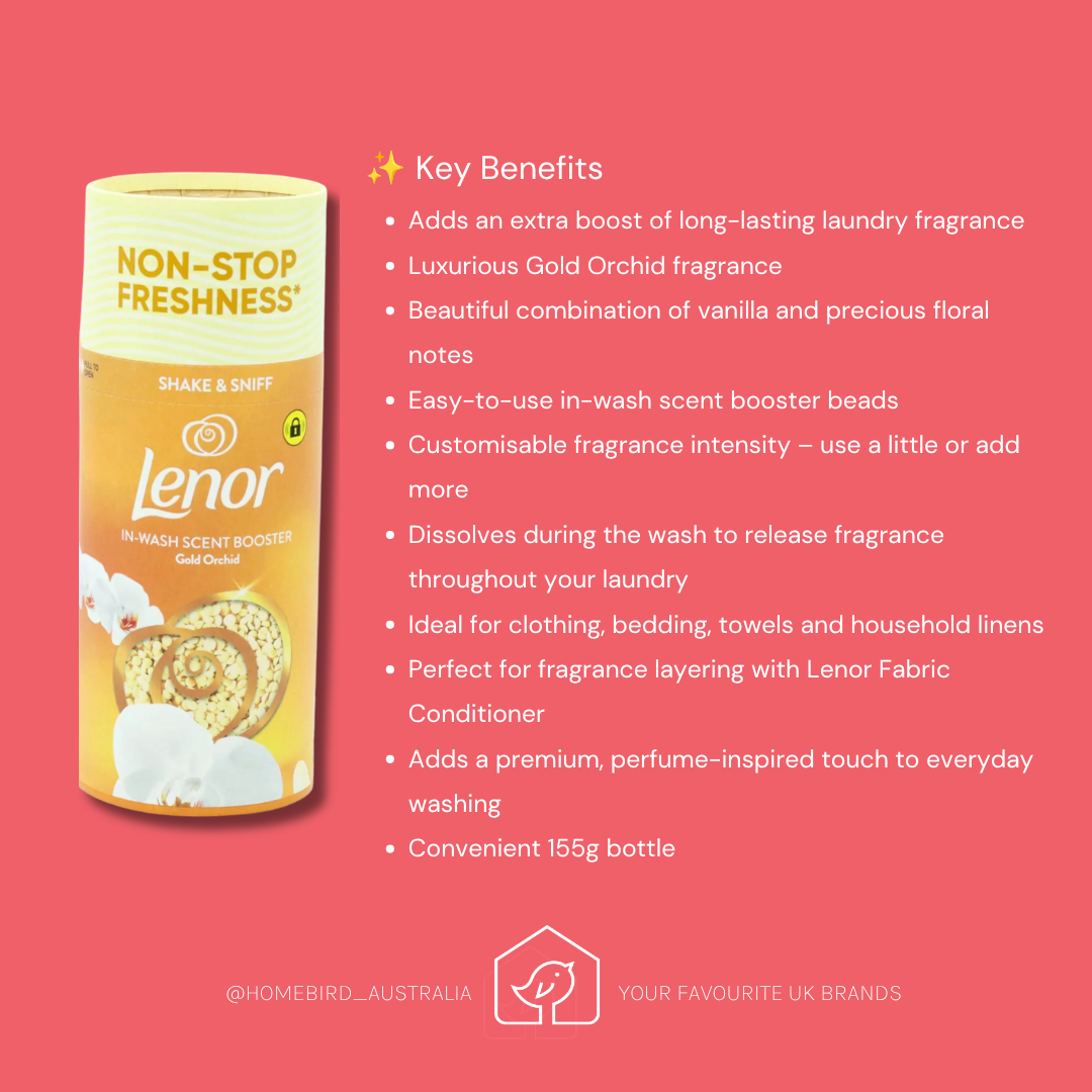 A promotional graphic for Lenor Non-Stop Freshness Gold Orchid in-wash scent booster beads. The image features a yellow and white cylindrical bottle of the product on the left, set against a solid coral pink background.