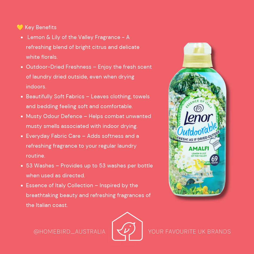 A bottle of Lenor Outdoorable Amalfi laundry fragrance on a coral pink background with descriptive text listing key benefits such as outdoor-dried freshness, soft fabrics, and combat-unnatural odour defence.