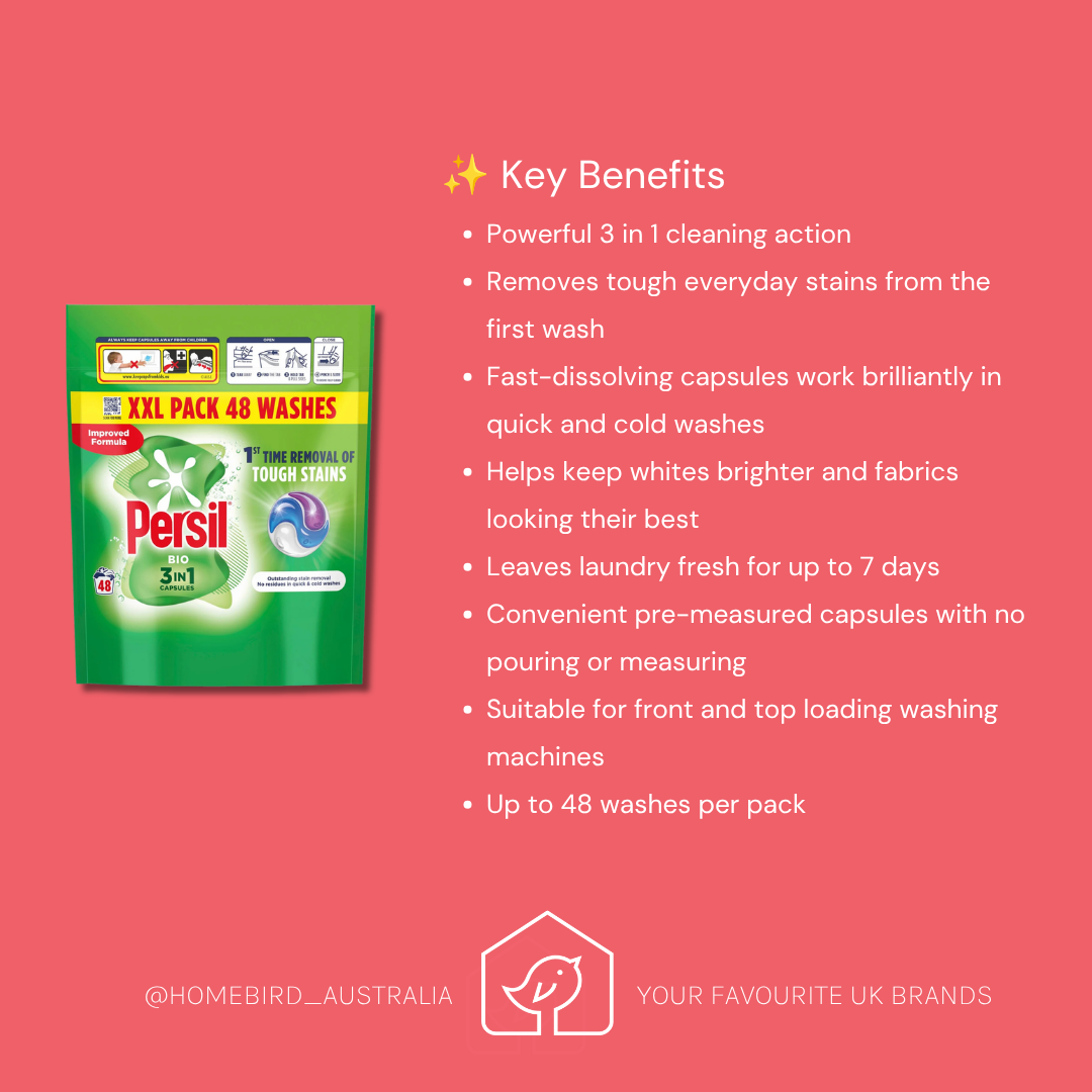 A promotional graphic for Persil laundry detergent on a coral pink background. On the left is a green and yellow bag of Persil XXL Pack 48 Washes.