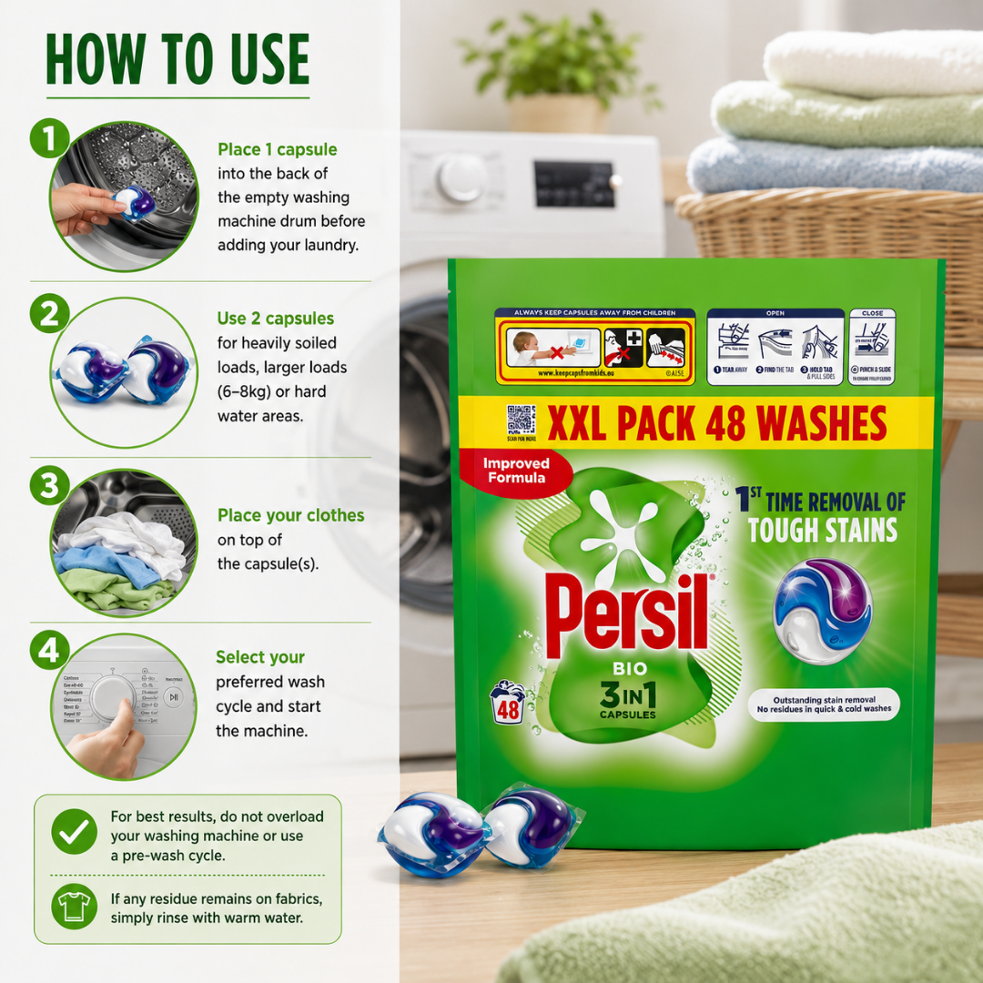Persil Bio 3-in-1 stain remover XXL Pack 48 Washes laundry detergent package shown alongside a 'How to Use' guide with four illustrated steps and several blue-and-white gel capsules on a light background.