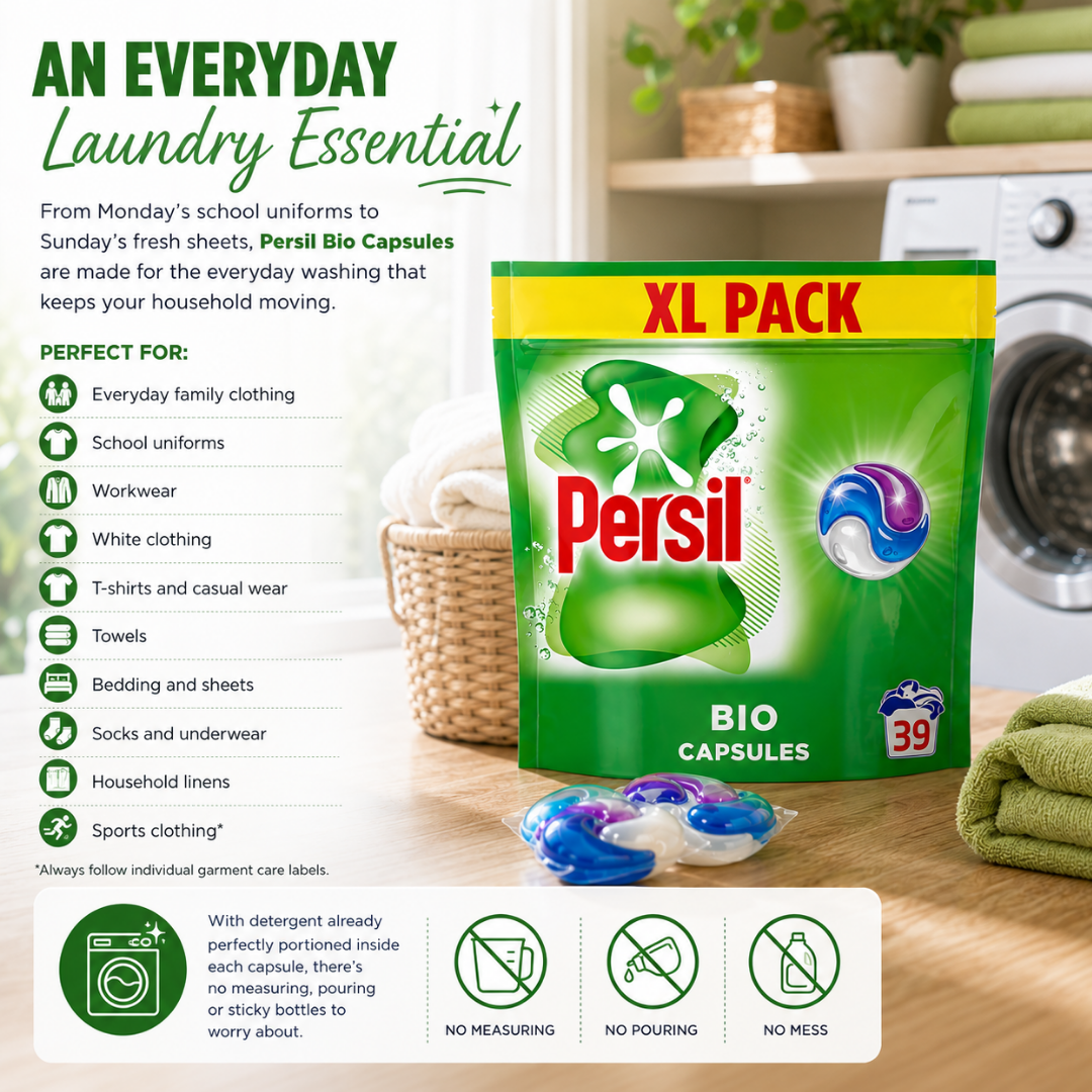 Persil Bio Capsules XL Pack laundry detergent sachets shown in a bright green bag with a yellow 'XL PACK' banner, placed on a wooden surface beside folded towels and a washing machine. Text on the left describes benefits and uses, and icons at the bottom highlight features like no measuring, no pouring, and no mess.