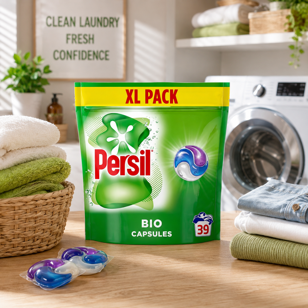 A bag of Persil Bio Capsules XL Pack stands on a wooden surface in a bright laundry room. Folded towels, a basket of towels, and a washing machine are visible in the background.