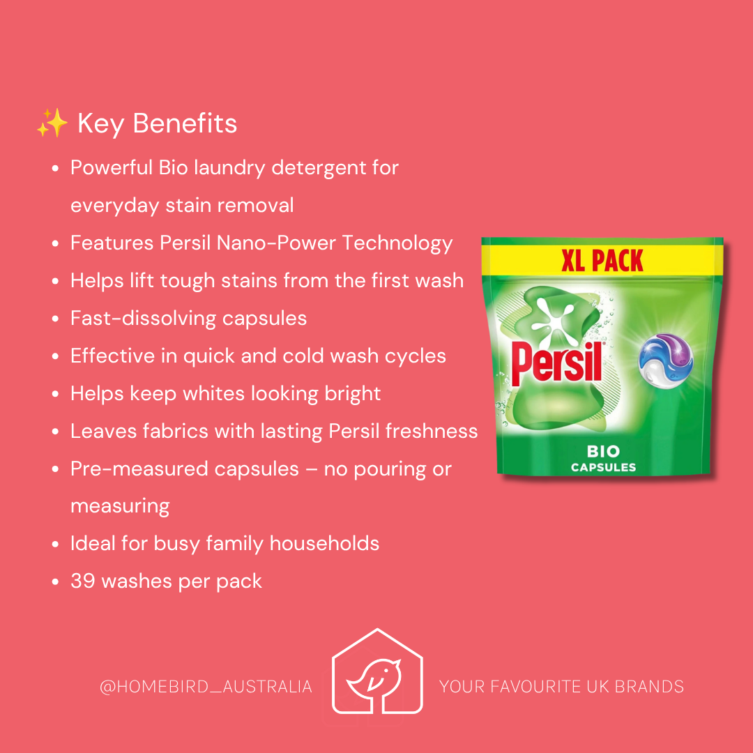 A promotional graphic for Persil Bio laundry detergent on a coral pink background. The left side lists key benefits in white text, and the right side shows a green Persil XL PACK detergent sachet with a yellow 'XL PACK' banner.