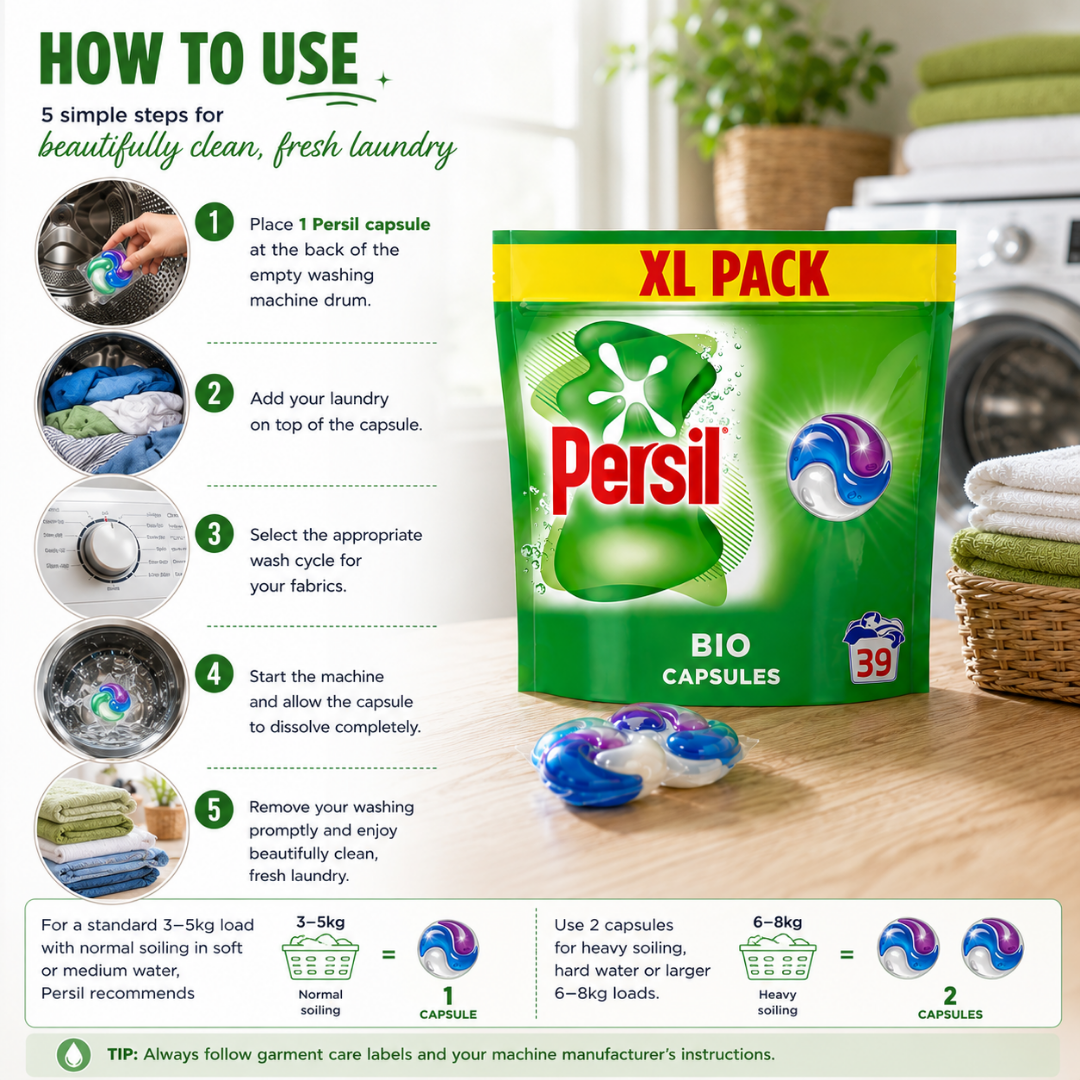 Persil Bio Capsules XL Pack laundry detergent package shown on a wooden surface with a washing machine and folded towels in the background. The left side includes a 'HOW TO USE' infographic with five steps, and the bottom shows capsule dosage recommendations.