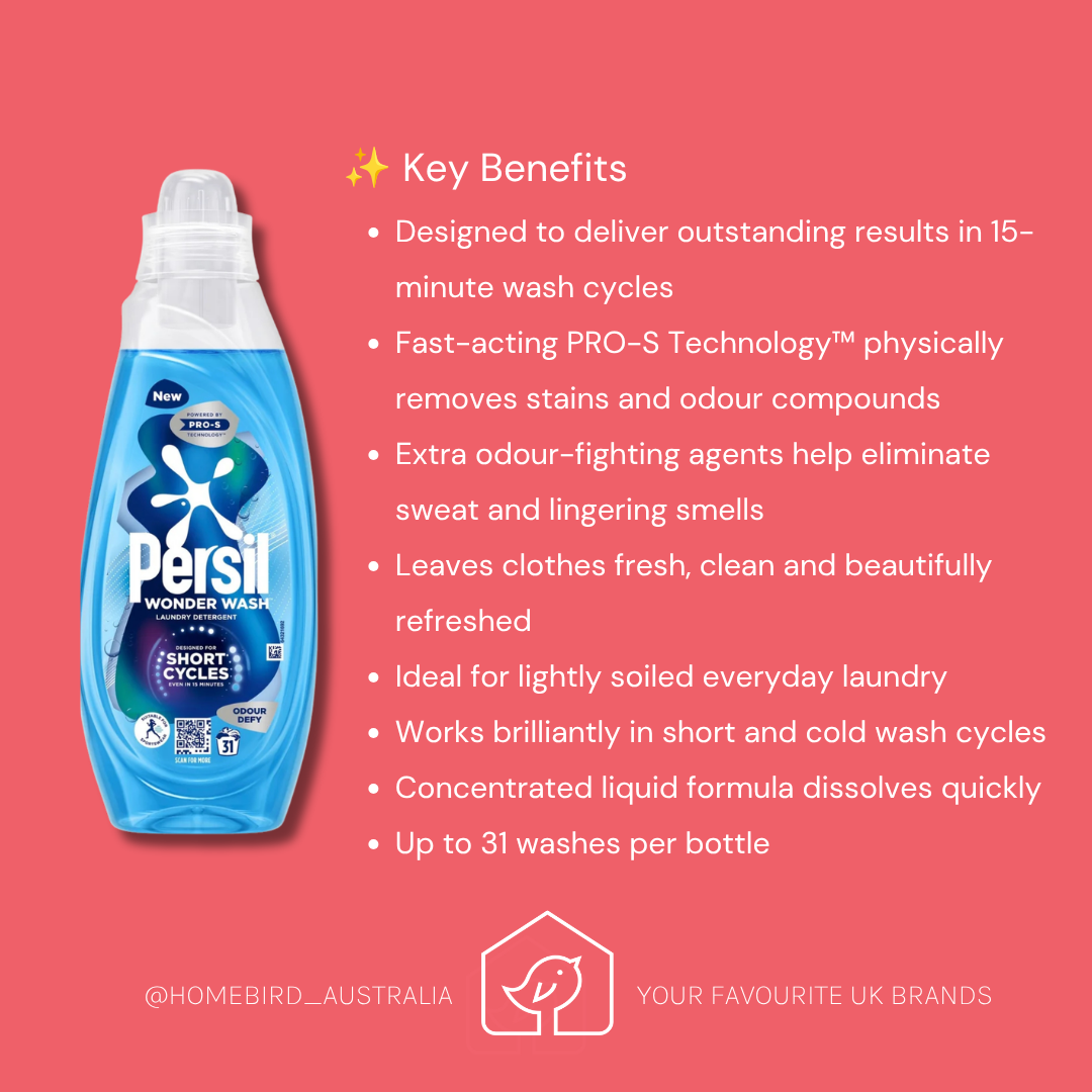 Persil Wonder Wash laundry detergent bottle on a coral pink background with white text listing key benefits. The bottle is blue with white and dark blue branding.