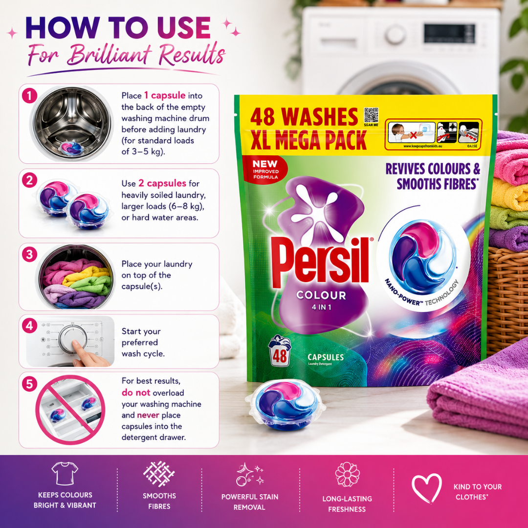 Persil Colour XL Mega Pack laundry detergent packaging shown on a bright studio-style set with a washing machine, basket, and folded towels. The left side includes a large 'HOW TO USE' infographic with numbered steps, and the front of the bag prominently shows '48 WASHES XL MEGA PACK' and the Persil brand.
