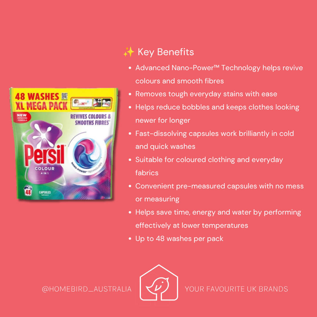 A promotional graphic for Persil Colour XL Mega Pack laundry detergent on a coral pink background. The left side shows the retail box with a single visible round capsule, and the right side lists key benefits in text.