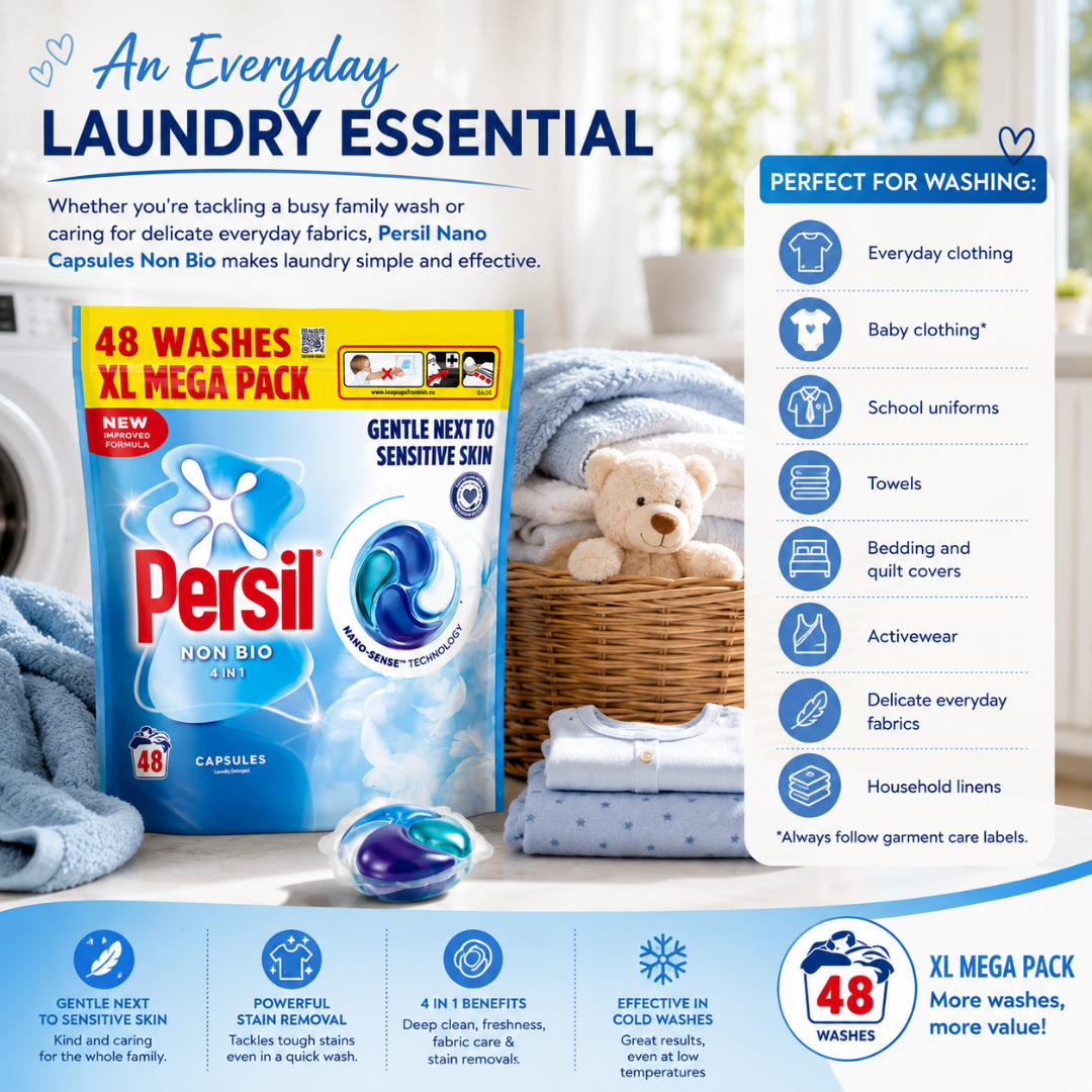 Persil Non Bio XL MEGA PACK 48 washes laundry care package shown in a promotional graphic with a washing machine, folded blue towels, a teddy bear, and a checklist of suitable fabrics.