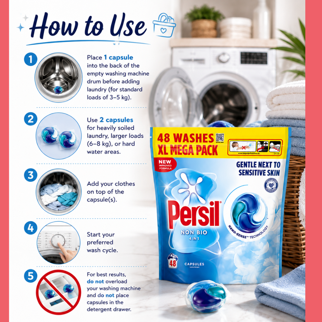 Persil Non Bio XL Mega Pack detergent pods packaging shown next to a step-by-step 'How to Use' guide on a pink and white background.