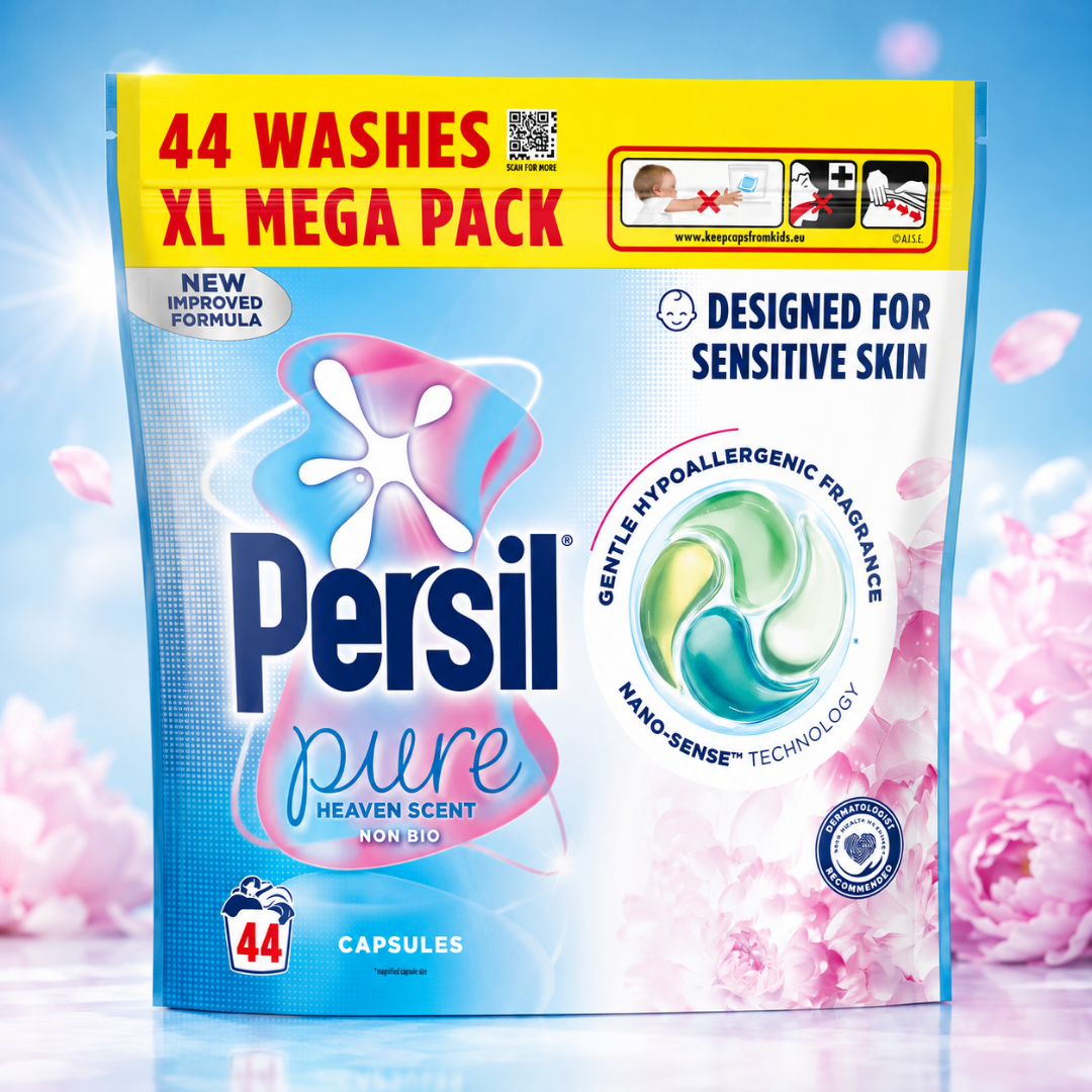 Persil Pure XL Mega Pack in Heaven Scent, featuring a blue and yellow resealable pouch with pink floral accents on a light blue background.