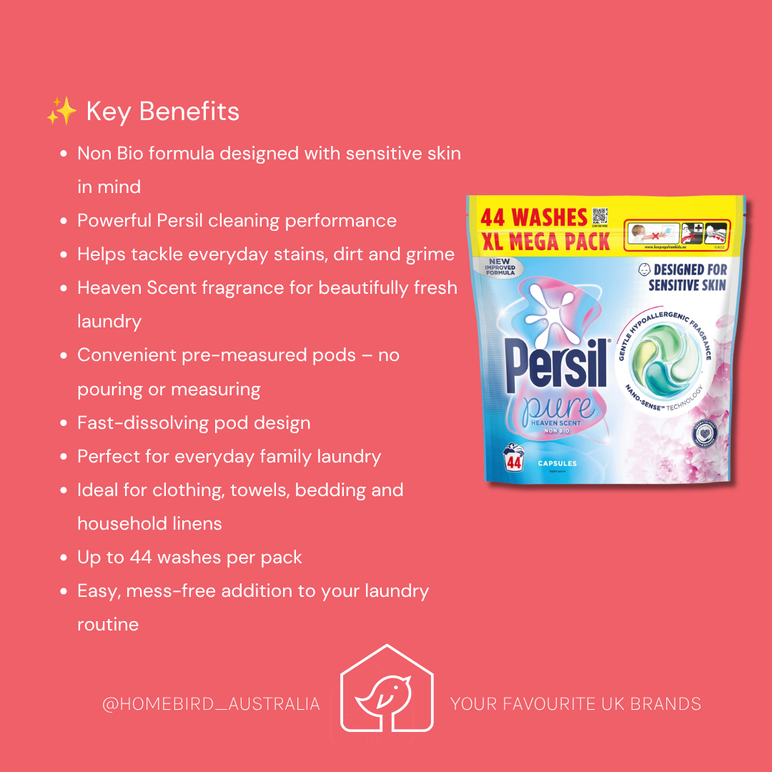 A promotional graphic for Persil Pure XL MEGA PACK laundry pods on a coral pink background. The image features a list of key benefits on the left and the product packaging on the right.