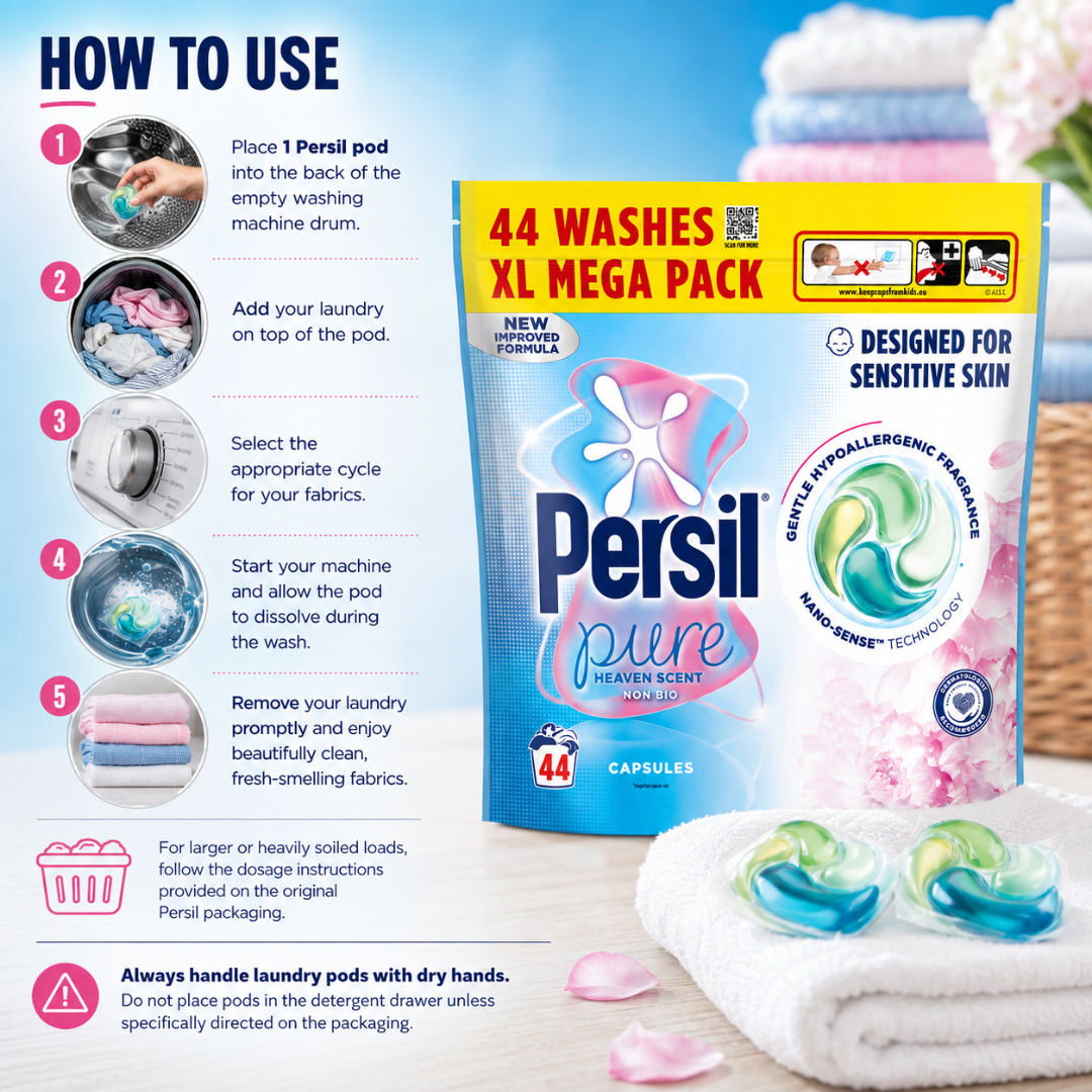 Persil Pure XL Mega Pack laundry cleaner package shown on a bright blue promotional graphic with step-by-step usage instructions on the left and soft pink and white laundry imagery on the right.