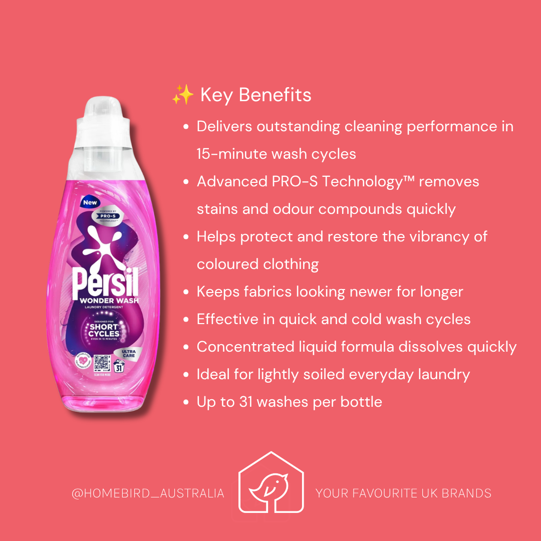 Persil Wonder Wash laundry detergent bottle on a coral pink background with white text listing key benefits. The bottle is pink with purple and white labeling.