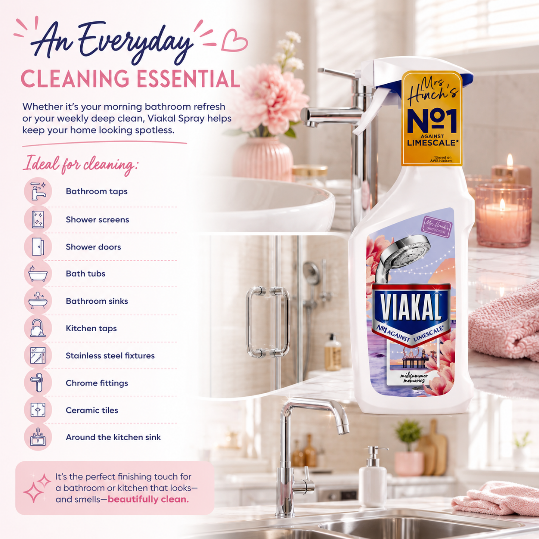A bottle of Vialkal Multi Surface Cleaner is shown in front of a softly blurred bathroom background, with promotional text on the left describing cleaning uses and benefits. The bottle has a white body, a yellow and blue trigger spray top, and a colorful label featuring the Vialkal brand.