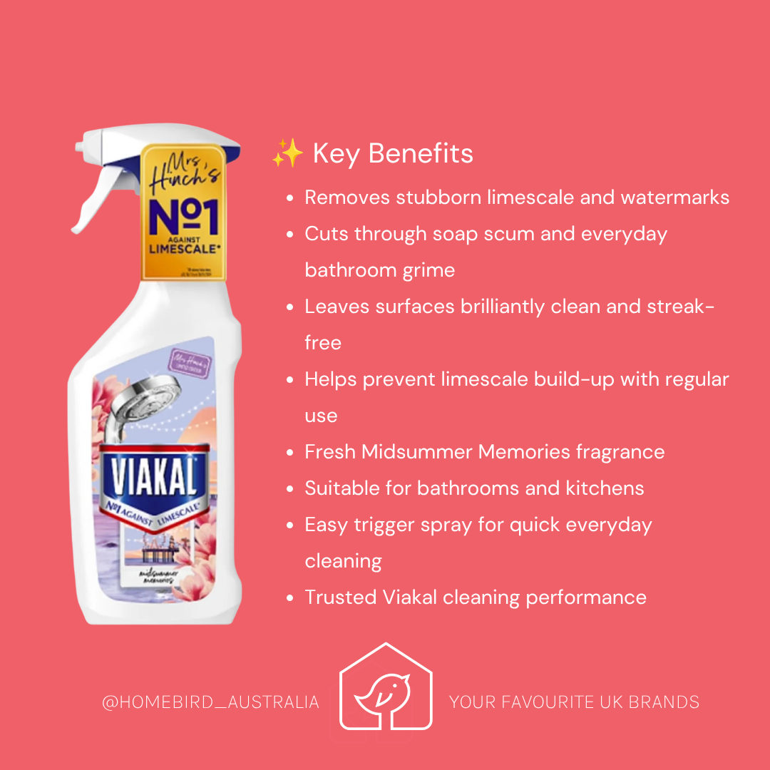 A promotional graphic for Viakal Limescale Cleaner on a coral pink background. The left side shows a white spray bottle with a yellow 'Hurry's Hack No.