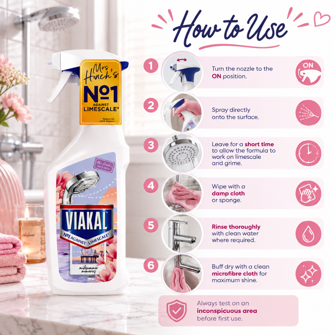 A spray bottle of Vialkal No.1 Limescale Remover shown next to a 'How to Use' instruction graphic on a bathroom-themed background.