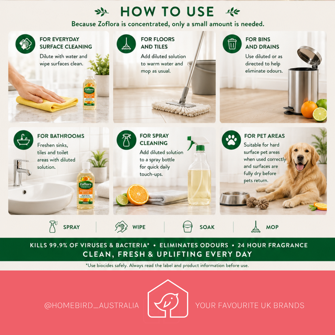 Zoflora Disinfectant – Mandarin & Lime 250ml How to use
