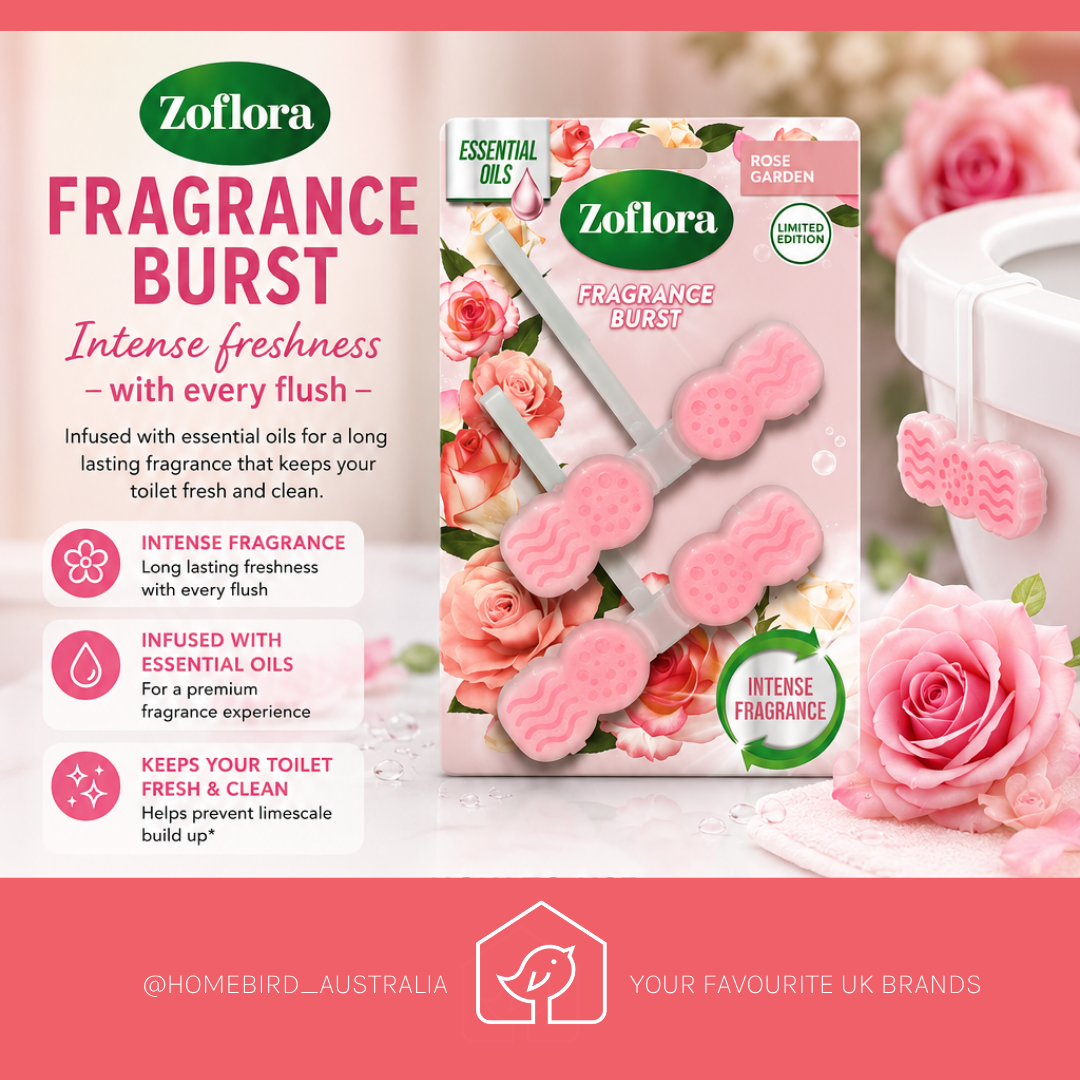 Zoflora Fragrance Burst rose garden infused toilet paper discs in a floral retail package, shown alongside product details and a white toilet with pink paper discs inserted, set against a soft pink rose-themed background.